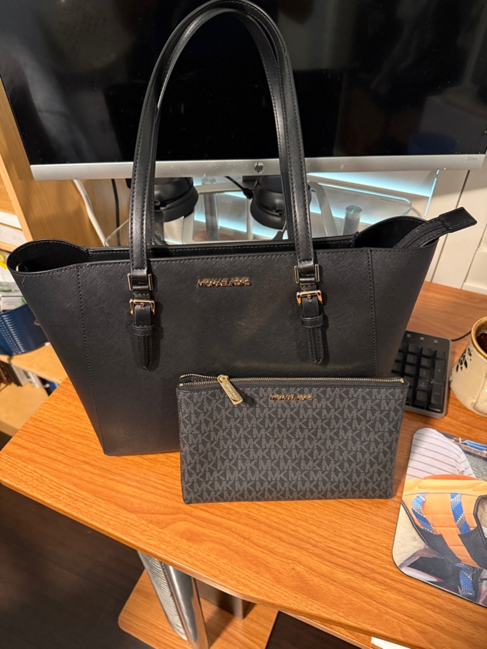 MICHAEL KORS Black Structured Saffiano Tote with Gold Hardware/ Crossbody pouch